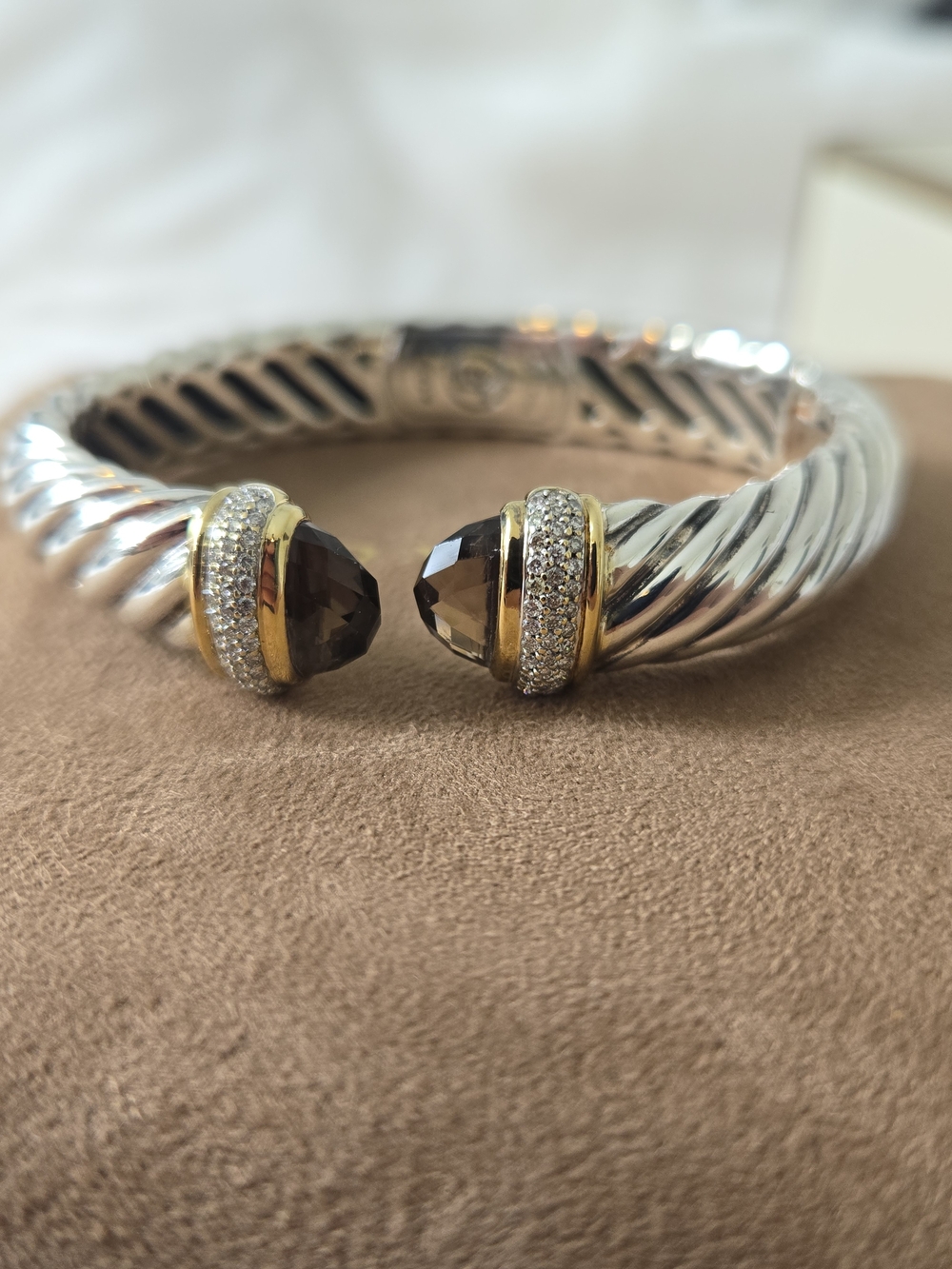 DAVID YURMAN 18K GOLD SS WAVERLY DIAMOND SMOKY QUARTZ BRACELET 10mm